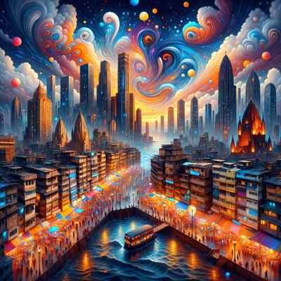 The primary subject of the image is a cityscape with a large boat floating in the water. The setting is a city with tall buildings and a river running through it. The visual style is a combination of digital art and illustration, creating a vibrant and colorful atmosphere. The dominant colors are orange, blue, and purple, which contribute to the overall mood of the scene.